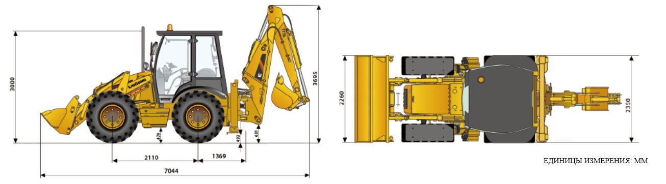 Основные размеры экскаватора-погрузчика LiuGong 777 с телескопической рукоятью