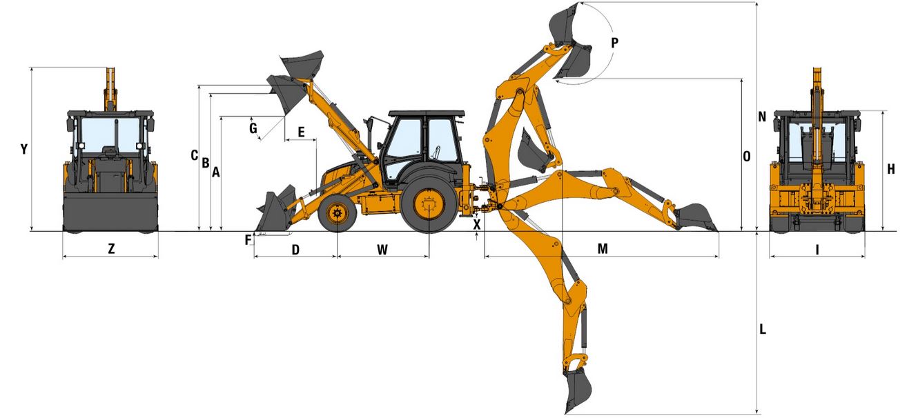 Технические характеристики Case 570T Основные размеры экскаватора-погрузчика Case 570T со стандартной рукоятью