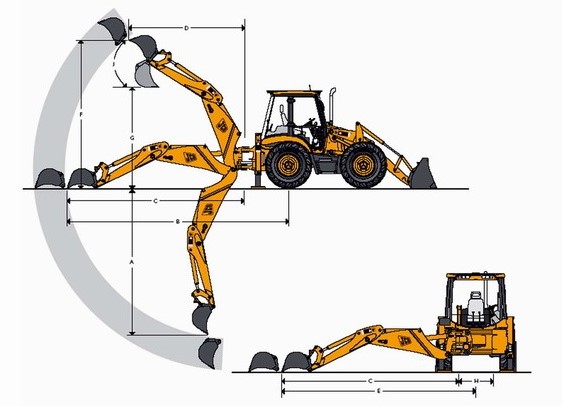 Основные размеры экскаватора-погрузчика JCB 4CX со стандартной рукоятью