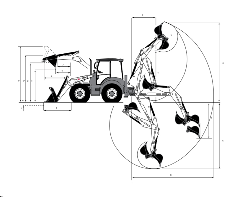 Основные размеры экскаватора-погрузчика Terex 970 Elite со стандартной рукоятью
