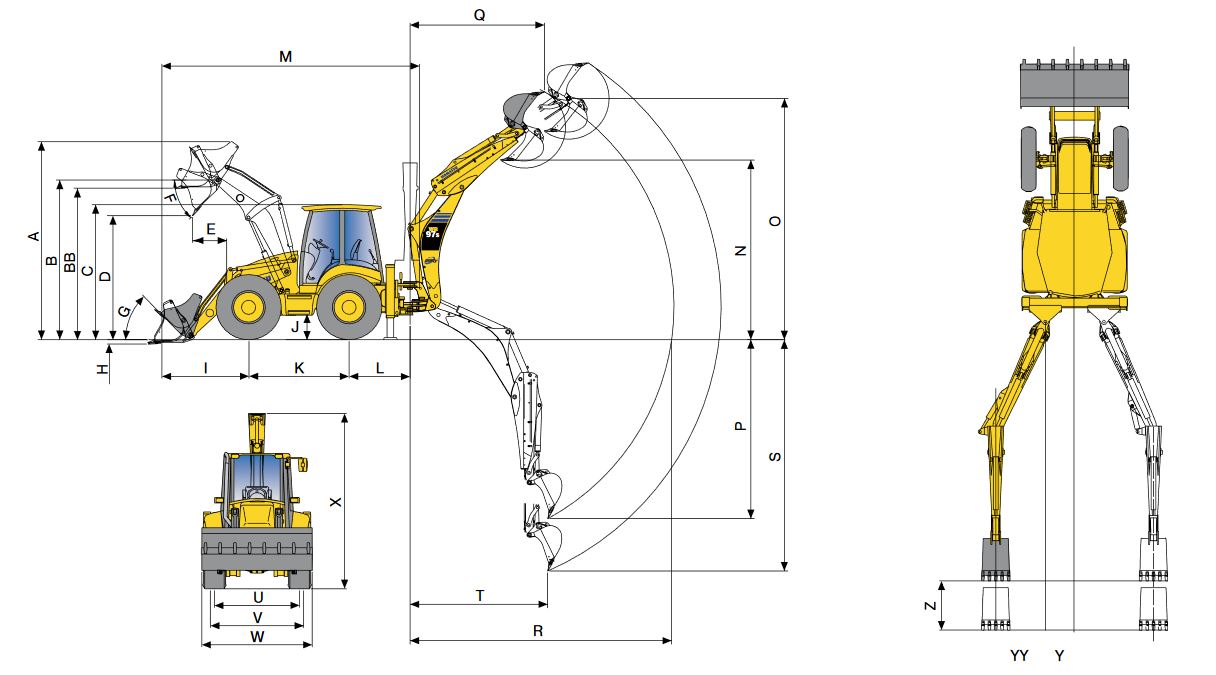 Основные размеры экскаватора-погрузчика Komatsu WA97S со стандартной рукоятью