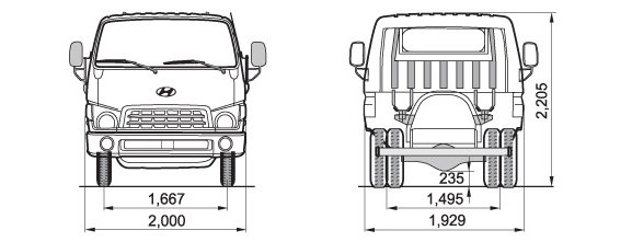 Основные размеры эвакуатора Huyndai HD78 грузоподъемностью до 4 тонн