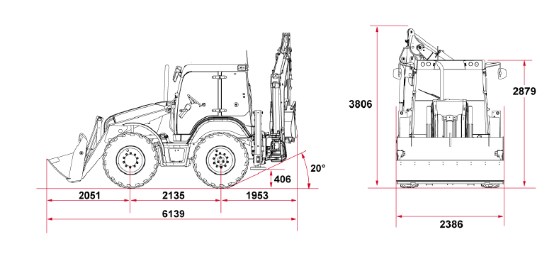 Основные размеры экскаватора-погрузчика Terex TLB 990 с телескопической рукоятью