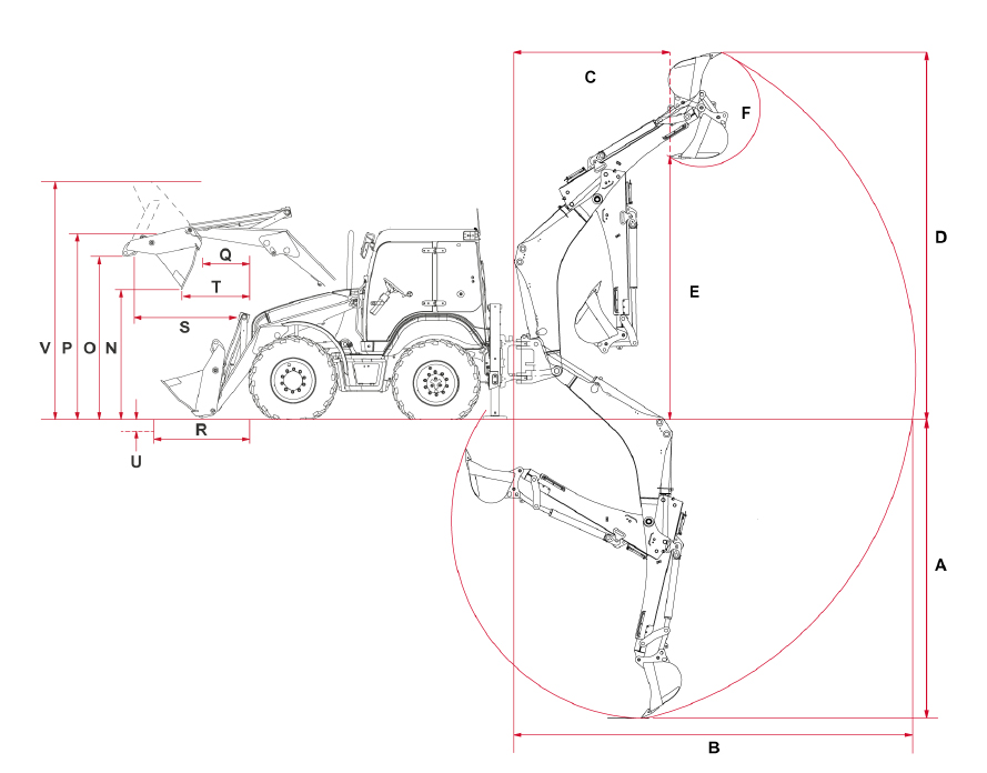Основные размеры экскаватора-погрузчика Terex TLB 990 со стандартной рукоятью